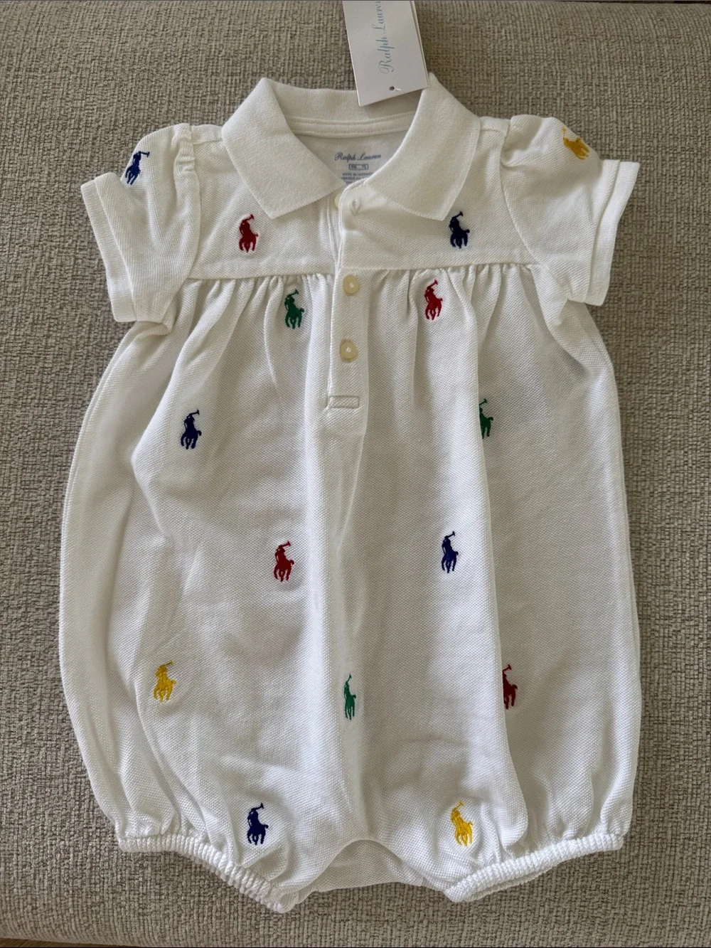 Ralph Lauren White Cotton Polo Romper with Rainbow Pony Logos